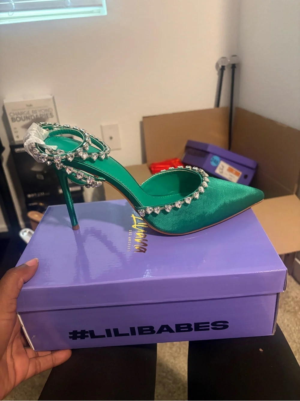 Green Satin Crystal-Embellished Stiletto Mule